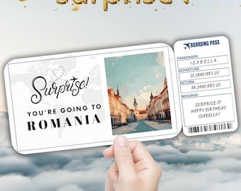 Romania Editable Travel Boarding Pass, Surprise Trip Ticket Gift, Vacation Reveal, Printable Flight Ticket, Birthday Trip Voucher Template