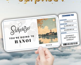 Hanoi Vietnam Editable Travel Boarding Pass, Surprise Trip Ticket Gift, Vacation Reveal, Printable Flight Ticket, Birthday  Voucher Template