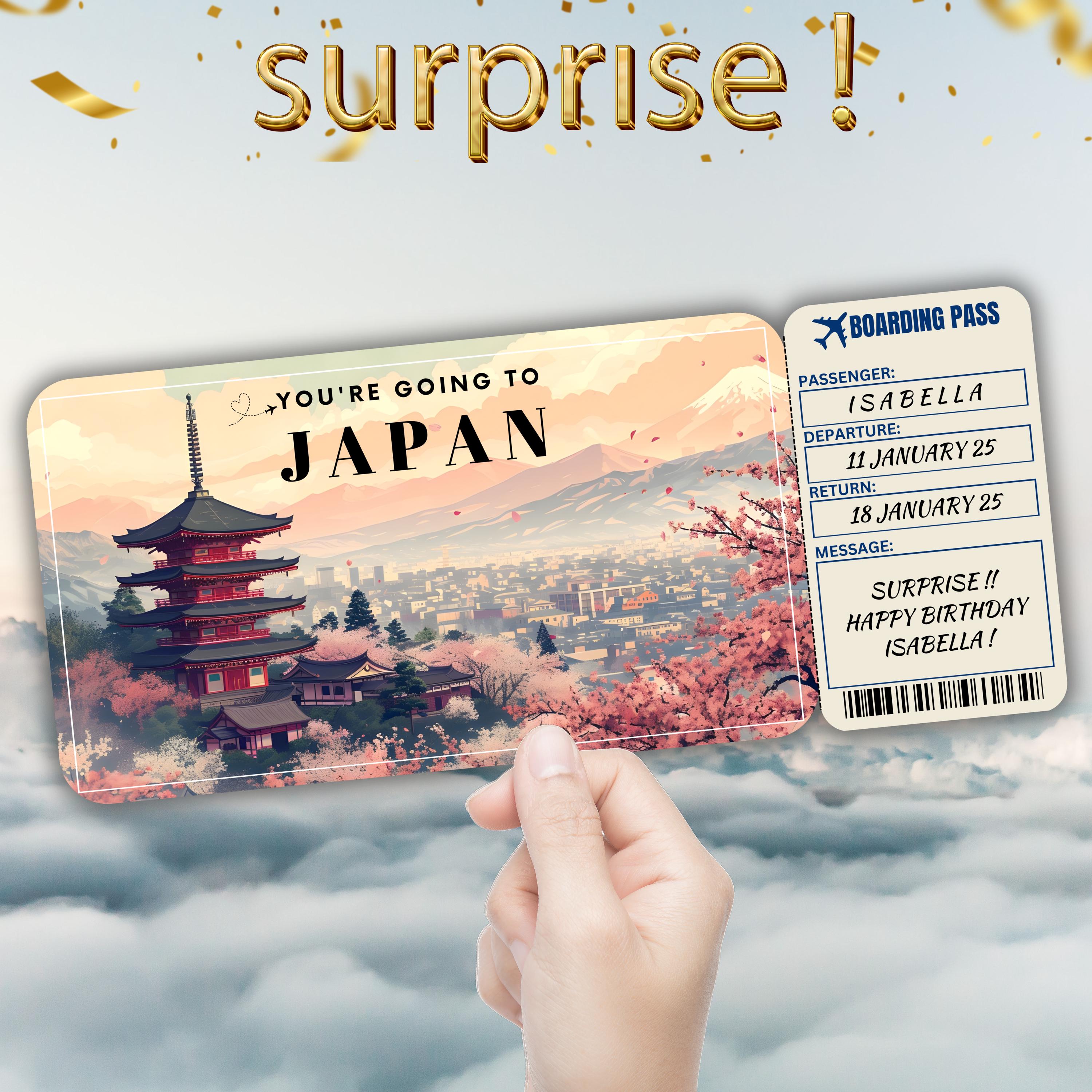 Kyoto Japan bearbeitbare Reisebordkarte, Überraschungsreiseticketgeschenk, Urlaubsoffenbarung, druckbares Flugticket, Geburtstagsgutscheinvorlage