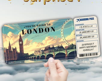 London Editable Travel Boarding Pass, Surprise Trip Ticket Gift, Vacation Reveal, Printable Flight Ticket, Birthday Trip Voucher Template