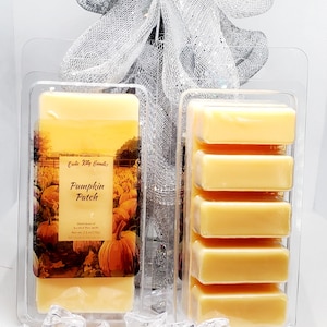 May include: Two clear plastic containers of wax melts. One container has a label with the text "Pumpkin Patch" and a picture of pumpkins. The other container has six rectangular wax melts. A silver ribbon is in the background.