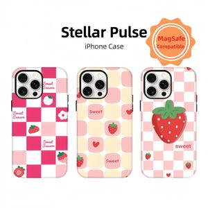 Pink White Gingham Strawberry Phone Case,Cute Cartoon Illustration, Adorable Kawaii Design, Trendy Tough Case For iPhone11 12 13 14 15 16