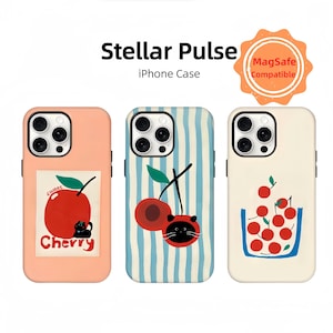 Schattig CherryCat iPhone-hoesje, cartoon fruit dier iPhone-hoesje, preppy en kawaii esthetiek, iPhone 16 15 14 13 12 11 PRO Max, iPhone-hoesje