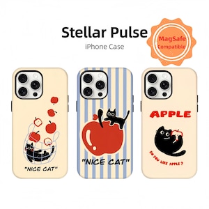 Funda para teléfono con dibujos kawaii, diseño de gato de manzana, estética única y moderna, resistente para iPhone 11, 12, 13, 14, 15 y 16 Pro Max.
