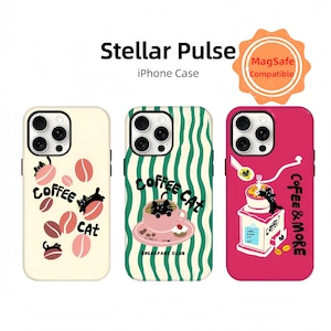 Uroczy futerał na iPhone'a z motywem kota kawowego, estetyka preppy i kreskówkowa, modny futerał na telefon, różowy futerał na iPhone'a Gleen White, iPhone 16 15 14 13 12 11 PRO Max