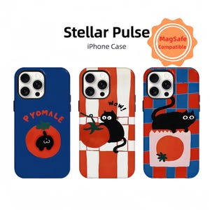 Coque pour iPhone dessin animé chat tomate, esthétique mignonne et preppy, coque de portable kitty tendance, coque de portable bleu rouge, iPhone 16 15 14 13 12 11 PRO Max