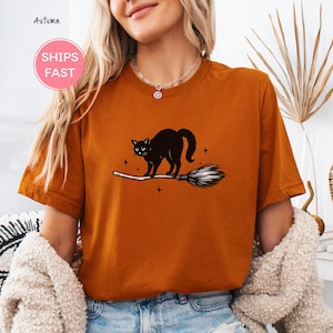 Black Cat Shirt - Spooky Halloween Tee - Witch on Broomstick - Cat Lover Fall Gift - Witchcore Aesthetic Tee