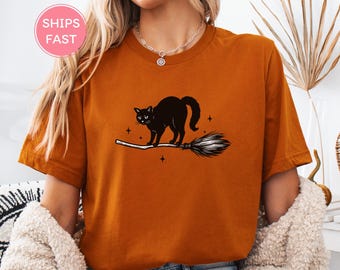 Black Cat Halloween T-Shirt: Witchcore Broomstick Tee
