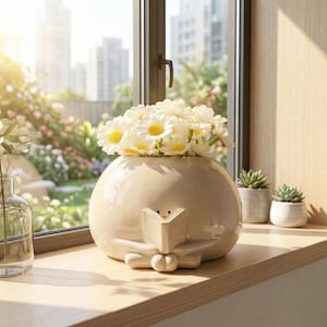 Peut inclure: Un vase en céramique beige en forme de personnage lisant un livre, rempli de marguerites blanches et jaunes. Le vase est posé sur un rebord de fenêtre en bois avec de petites plantes succulentes en pot à proximité, avec une vue sur la ville à travers la fenêtre.