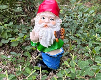 Garden Gnome Outdoor Statue Figurine,Butterfly Middle Finger Gnome for Fairy Garden,Home Garden Gnome Decor,Fun Garden Ornament Gift For Him
