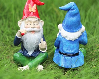Garden Gnome Outdoor Statue Figurine,Smoking Middle Finger Gnome for Fairy Garden,Home Garden Gnome Decor,Fun Garden Ornament Gift For Him
