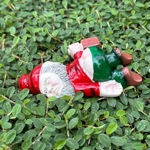 Peut inclure: Une figurine de gnome de jardin rouge et verte allongée sur le dos dans de l'herbe verte. Le gnome porte un chapeau rouge et blanc et a une barbe blanche. Le gnome tient une petite pancarte brune qui dit "Gnome de jardin".