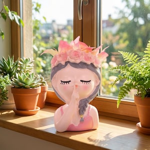 Op de afbeelding: Een roze en grijze decoratieve plantenbak in de vorm van een meisje met gesloten ogen en een vinger op de lippen. De plantenbak heeft een bloemenkroon en een gevlochten kapsel. De plantenbak staat op een houten vensterbank.