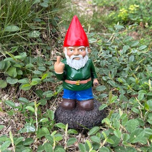 Puede incluir: Un pequeño gnomo de jardín verde con barba blanca y gorro rojo está haciendo el dedo medio. El gnomo está de pie sobre una pequeña roca marrón.