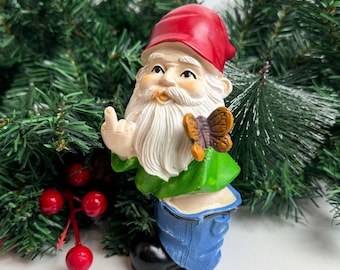Garden Gnome Outdoor Statue Figurine,Butterfly Middle Finger Gnome for Fairy Garden,Home Garden Gnome Decor,Fun Garden Ornament Gift For Him