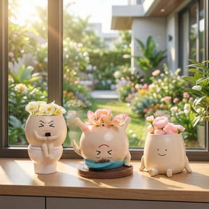 Lustiger Ausdruck Cartoon Charakter Blumenvase, Spaß Telefon-Lesen Toiletten-Planter, vierarmiger niedlicher Sukkulenten-Topf, niedlicher Smiley-Vase, niedlicher Harz-Vase