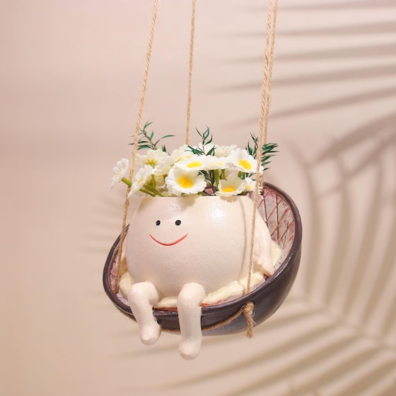 Fioriera A Dondolo Con Faccina Sorridente, Vaso Per Piante Grasse In Resina, Con Foro Di Drenaggio, Regalo Simpatico - 2