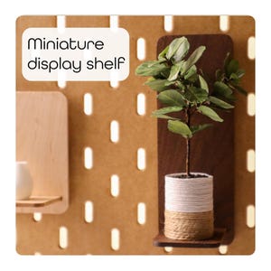 Może przedstawiać: Miniaturowa drewniana półka z małą rośliną w doniczce. Półka jest przymocowana do ściany z płyty perforowanej. Tekst "miniature display shelf" jest widoczny na zdjęciu.