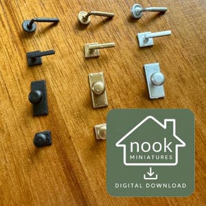 May include: A collection of miniature door hardware including various lever handles and round knobs in black, gold, and silver finishes. The items are arranged in rows and columns, featuring rectangular and circular backplates for dollhouse doors.