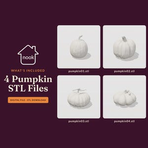 May include: A digital download set containing 4 pumpkin STL files. The graphic features the text 'nook', 'WHAT'S INCLUDED', '4 Pumpkin STL Files', and 'DIGITAL FILE - STL DOWNLOAD' alongside four distinct 3D rendered pumpkin models.