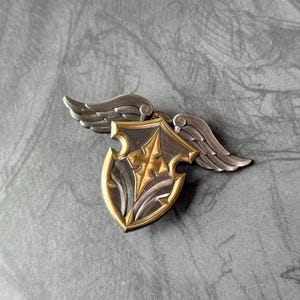 May include: A silver shield with a gold design of a stylized cross and wings. The shield is detailed with a textured surface.
