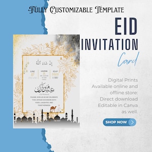 Elegante Eid-uitnodigingskaart – Vier het in stijl, aanpasbare uitnodigingskaarten voor uw speciale bijeenkomst. Digitaal bestand beschikbaar.