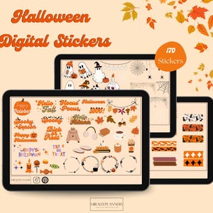 Könnte beinhalten: Ein digitaler Sticker-Set mit 170 Halloween-Stickern. Die Sticker zeigen verschiedene Designs, darunter Kürbisse, Geister, Hexen, Fledermäuse und vieles mehr. Die Sticker sind perfekt, um Planern, Tagebüchern und anderen kreativen Projekten eine festliche Note zu verleihen.