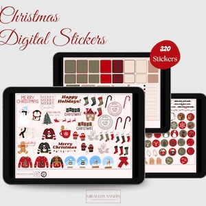 Könnte beinhalten: Drei digitale Tablets mit digitalen Aufklebern zum Thema Weihnachten. Die Tablets zeigen verschiedene festliche Designs, darunter Pullover, Schneekugeln und Urlaubssymbole. Der Text "Christmas Digital Stickers" steht oben, mit einem roten Kreis, der "320 Stickers" anzeigt.