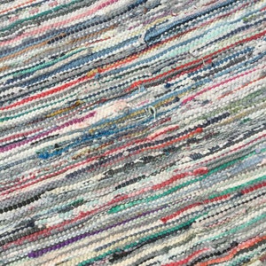 Pu&ograve; includere: Primo piano di un tappeto colorato e tessuto con un motivo a righe diagonali. Il tappeto presenta un mix di colori tra cui grigio, bianco, rosso, blu e verde. La trama sembra essere fatta di strisce di tessuto.
