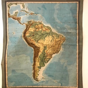 Vintage schoolkaart, 1947, Duits, Zuid-Amerika, 1,5 x 1,5 meter, C. Dierake Schulwandkarten