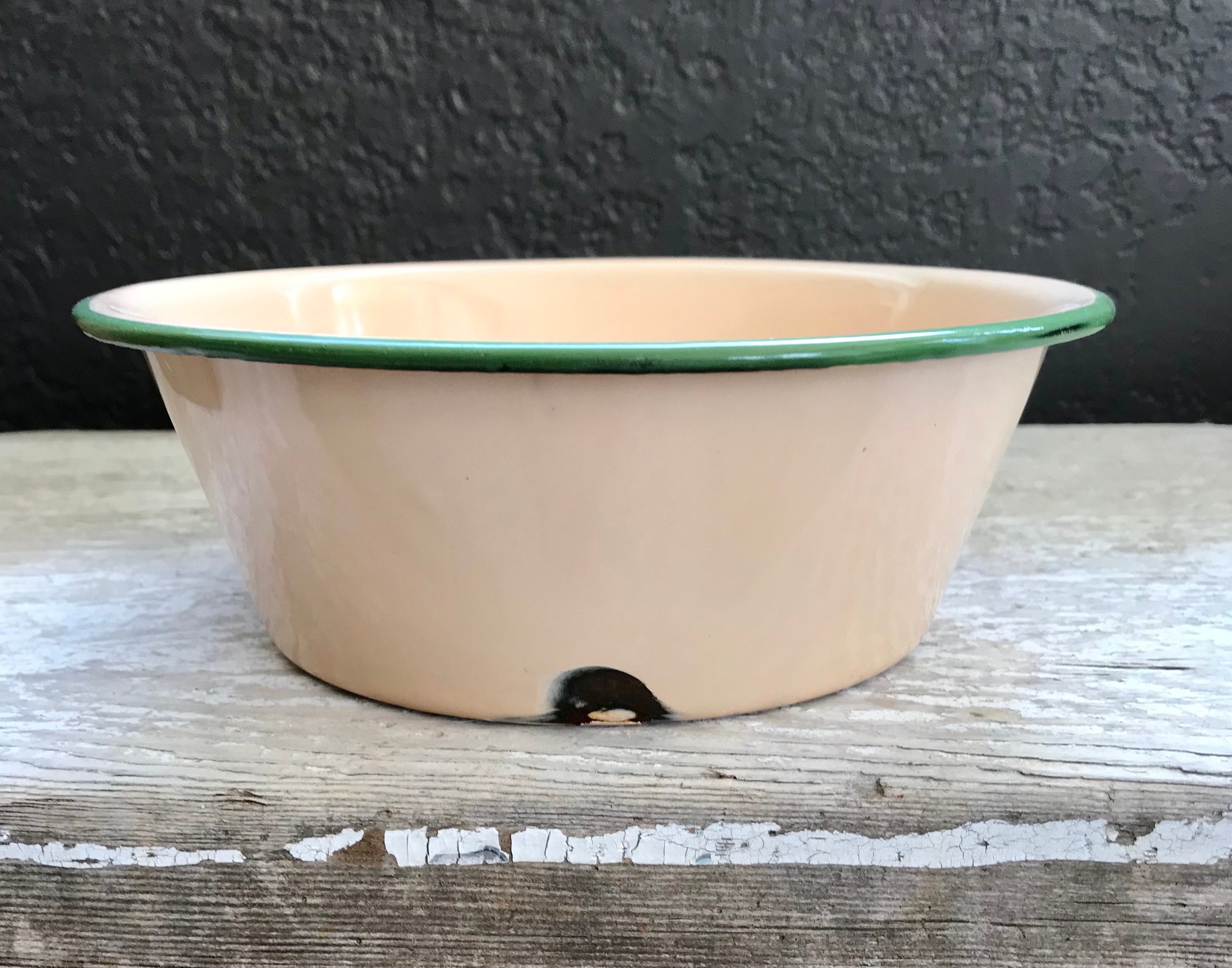 Vintage Enamelware Tan/beige and Green Metal Small Dish Pan, Metal