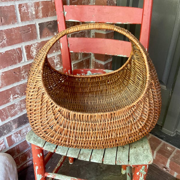 Vintage Large Oval Market Basket, Garden Basket, Woven Wicker Cresent Basket, Harvest Basket, Fruit Basket