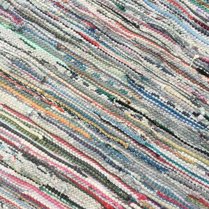 Pu&ograve; includere: Primo piano di un tappeto tessuto multicolore. Il tappeto presenta un motivo a strisce diagonali in vari colori, tra cui grigio, bianco, rosso, blu e verde. La trama sembra essere fatta di strisce di tessuto.
