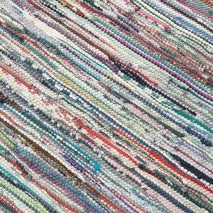 Pu&ograve; includere: Un tappeto multicolore tessuto con un motivo a righe. Il tappeto presenta una miscela di colori tra cui rosso, blu, verde e grigio. Il tappeto &egrave; realizzato con strisce di tessuto e ha un aspetto strutturato. Le strisce corrono in diagonale.