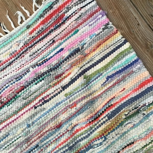 Pu&ograve; includere: Un colorato tappeto di stracci intrecciato con un motivo a righe. Il tappeto presenta un mix di strisce di tessuto rosse, blu, verdi, rosa e bianche. Il tappeto ha un bordo sfrangiato ed &egrave; esposto su una superficie di legno.