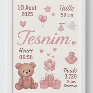 Personalized brown teddy bear birth poster for girl and boy - Unique baby poster for baptism and birthday gift