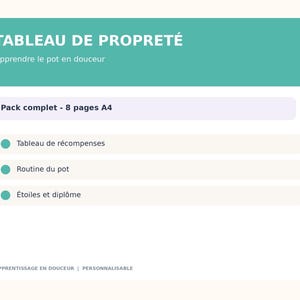 Peut inclure: Un ensemble de tableau de propreté avec un en-tête turquoise portant le texte TABLEAU DE PROPRETÉ et Apprendre le pot en douceur. Il comprend 8 pages A4 avec un tableau de récompenses, une routine du pot, des étoiles et un diplôme, avec du texte.