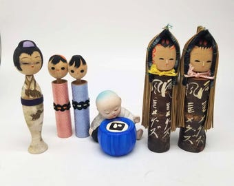 Vintage Japanese Wooden Doll Set and 1 for Ceramic – Traditional Hand-Carved Figures Set of 6
