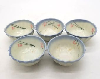ピンクの桜柄デザインのヴィンテージ日本製陶器ボウル5個セット