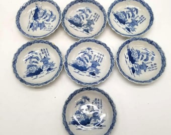 Ko-Imari Landscapes – Antique Arita Blue and White Dishes Set of 7