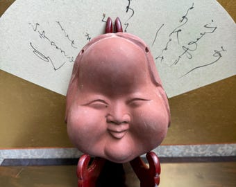 Máscara Noh japonesa vintage – Decoração de deus da sorte em cerâmica Okame