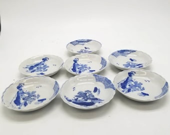 Ko-Imari Landscapes – Japanese Vintage Blue and White Mame Plates Set of 7