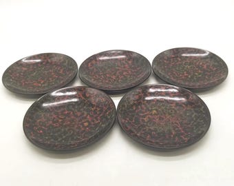 Vintage Tsugaru Karanuri Lacquer Small Plates Set 5 with Wooden Box – Showa 50 (1975)