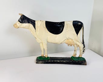 Vintage Cast Iron Cow Doorstop - Hand Painted Black White Dairy Cow, Farmhouse Door Stop, Rustic Country Home Decor, Vintage Cottagecore