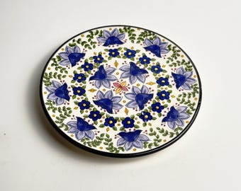 Vintage Ceraplat Hand Made Spanish Wall Plate - Cobalt Blue Floral, 12cm Diameter, Made in Spain, Home Décor Gift