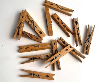 Set of Vintage Wooden Clothes Pegs x14 - Wood Clothes Pins, Vintage Laundry Supplies, Traditional Clothing Pegs