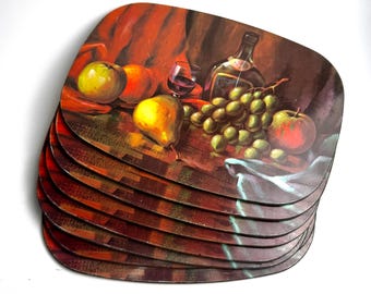 Ocho manteles individuales vintage con bodegones y base de corcho para mesa de comedor - Estilo rústico de mediados de siglo con pintura de frutas (x8), ideales para la decoración de la mesa navideña.