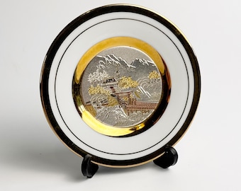 Vintage Art of Chokin Decorative Plate & Stand - 24kt Gold Edge, Pagoda Mountain Scene, Made in Japan, Japanese Art Gift, 24 Karat Gold