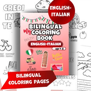 Bilingual Coloring Book ,English, Italian, Words, Images, Kids Activity, Language Learn,