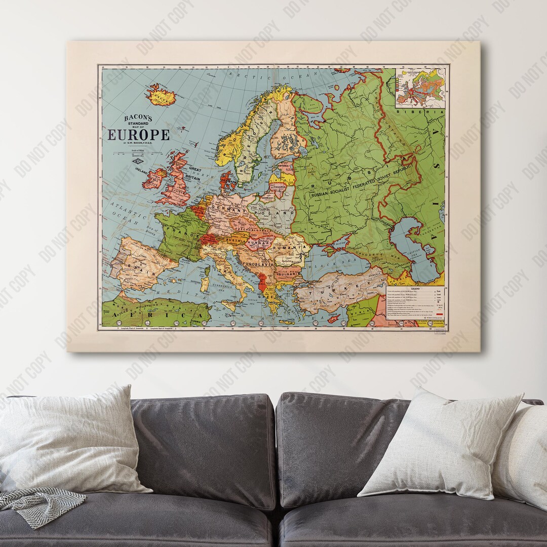 Bacon's Standard Map of Europe 1925 | Canvas Wall Art Print | Iconic ...